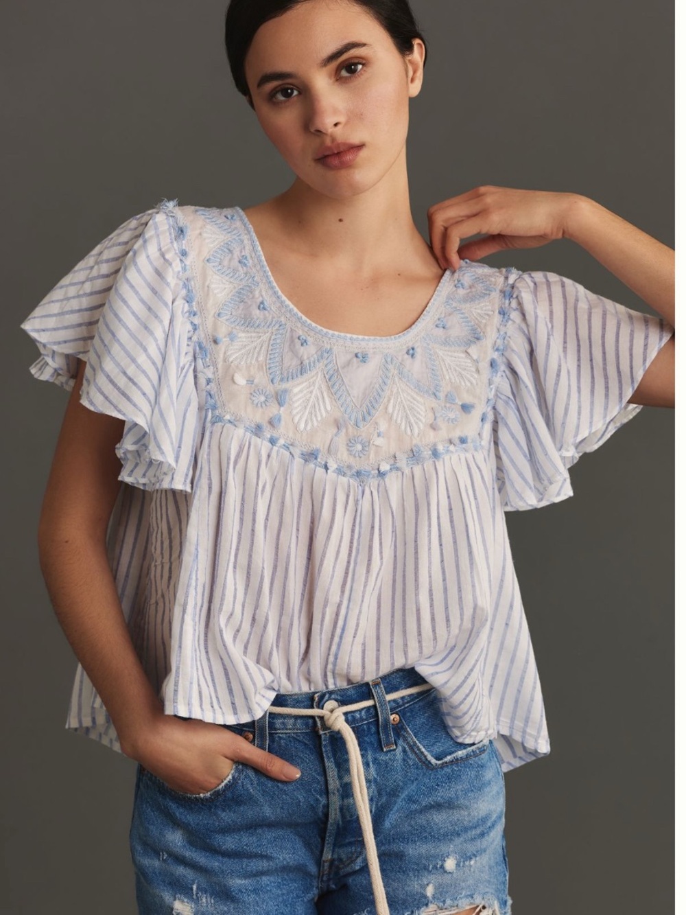 NWT By Anthropologie embroidered flutter-sleeve top